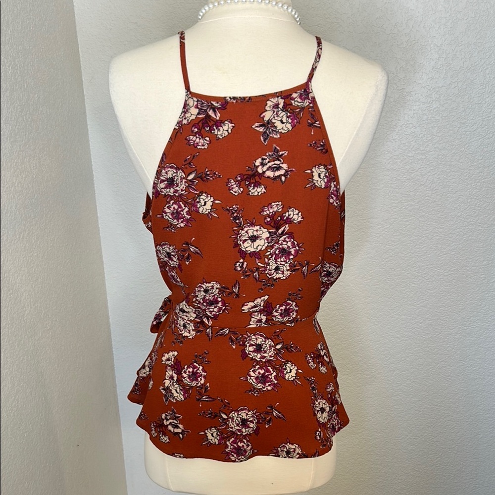 Floral Wrap Top - Rust and Cream Blouse Size Large - Picture 4 of 11